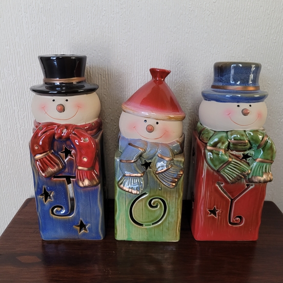 Kirklands Snowman Candle Holders Trio - Red, Blue, Green - Picture 1 of 6